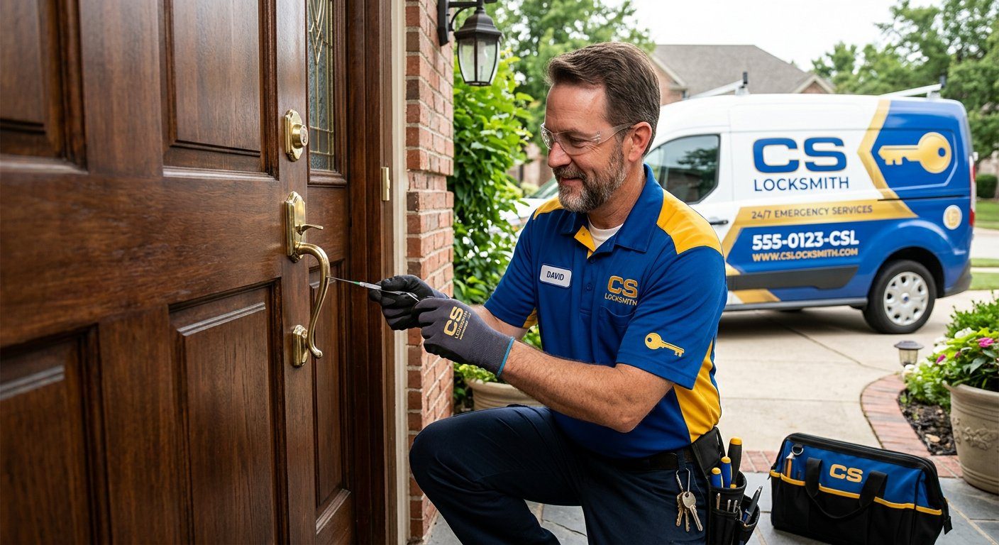 CS Locksmith technician unlocking a home's front door with the service van in the driveway in Campbell, TX
