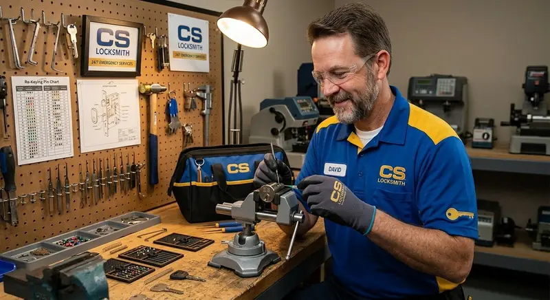 CS Locksmith technician rekeying a lock cylinder at a fully equipped workbench