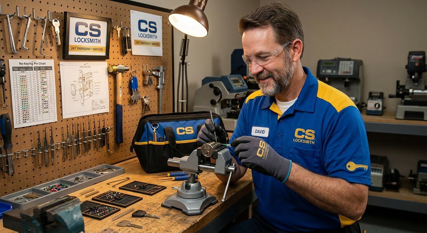 CS Locksmith technician rekeying a lock cylinder at a fully equipped workbench